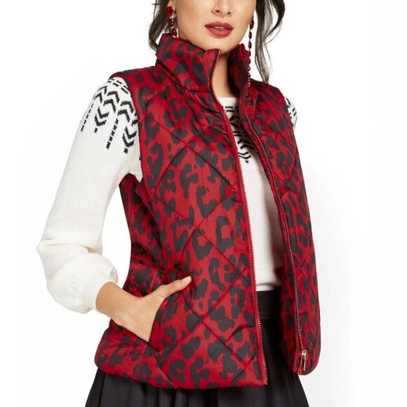 New York & Company Leopard-Print Coco Red Puffer Vest Size Small - Picture 3 of 12